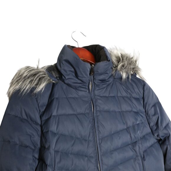 London Fog Down Filled Parka Coat Faux Fur Hood Navy Blue Quilted Winter Jacket - Picture 14 of 15